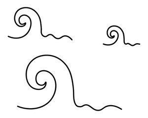 Three waves. Tsunami. Curl made of water. Sketch. Set of vector illustrations. Outline on isolated white background. Raging water. Sea storm. Doodle style. Idea for web design.