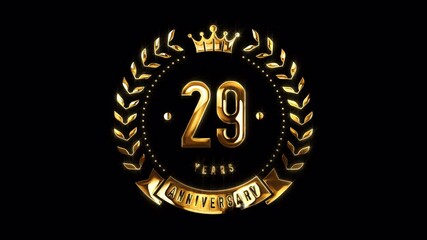 29th Anniversary Celebration. Happy 29 Years Anniversary Animation in Gold Color on the Transparent Background, Alpha Channel. Great for greetings, celebrations, events, and gifts.