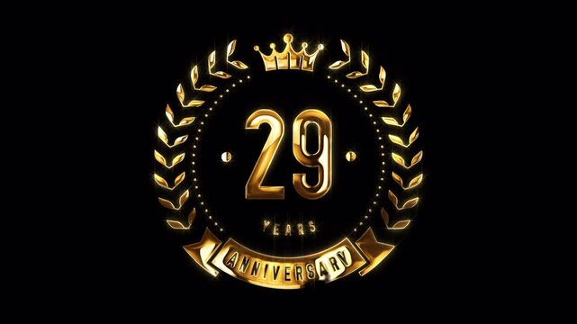29th Anniversary Celebration. Happy 29 Years Anniversary Animation in Gold Color on the Transparent Background, Alpha Channel. Great for greetings, celebrations, events, and gifts.