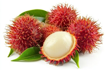 Freshly harvested rambutan fruits displayed with green leaves in natural setting