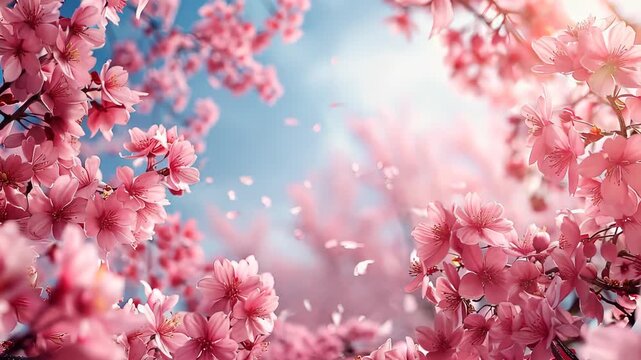 Swaying cherry blossoms under blue sky in spring breeze