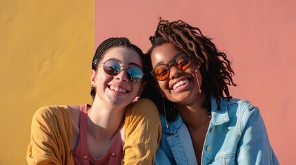 Ultra-sharp focus of two friends sitting together and enjoying their day with a solid color background