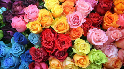 Fototapeta premium Colorful rose bouquets for sale, featuring a vibrant mix of multicolored roses arranged beautifully, perfect for gifts or decoration.