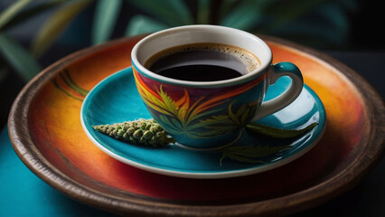 Fototapeta premium Coffee cup with with weed bud. Coffee Shop with weed bud wallpaper. Cannabis club wallpaper.