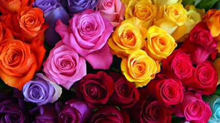 Obraz premium Colorful rose bouquets for sale, featuring a vibrant mix of multicolored roses arranged beautifully, perfect for gifts or decoration.