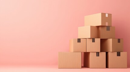 Obraz premium A neatly stacked pile of cardboard boxes on a plain background, symbolizing moving or storage organization