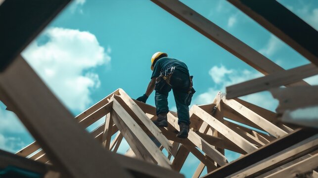 Construction worker professional contractor carpenter repairman or laborer roofing a house with wooden beams. Residental office building, home renovating, carpentry project, framework fixing