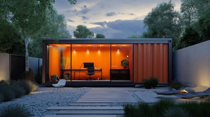 Portable small, mobile or modular temporary prefab steel home, business office. Outdoor industrial workplace, modern architecture interior exterior design, shipping container, real estate property