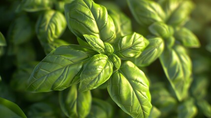 A detailed close-up image of fresh, green basil leaves, highlighting their vibrant color and texture, perfect for culinary use and enhancing dishes with their fresh aroma.