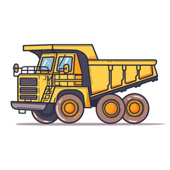 Yellow dump truck cartoon detailed illustration. Heavy construction machinery building activities. Kids toy dump truck six wheels, side view isolated white background