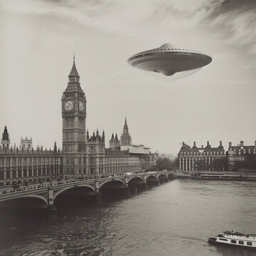Vintage black and white photograph movie poster dramatic UFO flying saucer over London news style 1960s sci-fi science fiction alien invasion journalistic hoax conspiracy theory concepts fake news