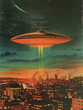 Retro vintage color photograph movie poster dramatic UFO flying saucer over a big city news style 1960s sci-fi science fiction alien invasion journalistic hoax conspiracy theory concepts