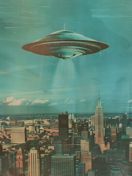 Retro vintage color photograph movie poster dramatic UFO flying saucer over a big city news style 1960s sci-fi science fiction alien invasion journalistic hoax conspiracy theory concepts