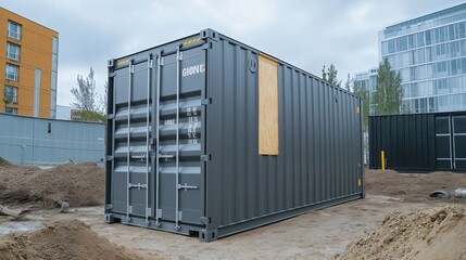 An industrial temporary logistic gray ship container on a construction site for equipment tool storage or business office. Portable modular prefabricated metal steel box with door, cargo transport