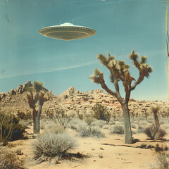 UFO retro flying saucer over Joshua trees white sands desert 1960s photo journalism hoax conspiracy theory fake news concept campy postcard color vintage sci-fi science fiction background backdrop