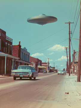 Retro vintage color photograph movie poster dramatic UFO flying saucer over a small town news style 1960s sci-fi science fiction alien invasion journalistic hoax conspiracy theory concepts