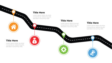 Road infographics. Winding road to success with pin pointers. Business journey way.
