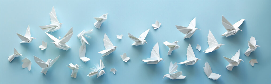 Flock of white origami paper birds on a light blue background