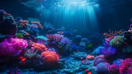 Fototapeta premium Mesmerizing Underwater Coral Reef Scene with Bioluminescent Creatures at Night