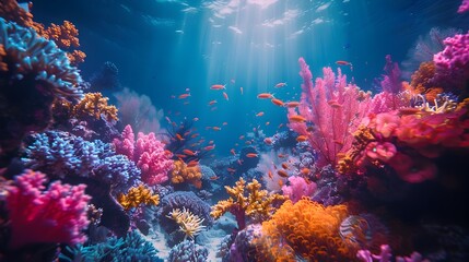 Glowing Underwater Coral Reef Ecosystem with Bioluminescent Creatures in the Deep Sea