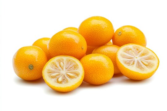 Fresh yellow citrus fruits displayed together with some cut in half on white background