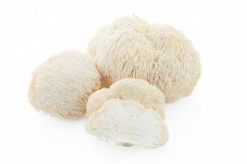 Fresh Lion's Mane mushrooms against a white background