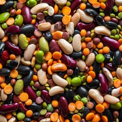 A detailed closeup image featuring an assorted mix of various beans and legumes, highlighting the natural and healthy food choices available for cooking and nutrition purposes.