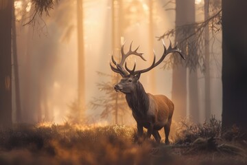 A majestic red deer stag standing in a misty European forest at dawn, with light filtering through the trees.