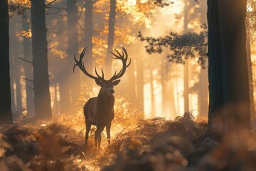 A majestic red deer stag standing in a misty European forest at dawn, with light filtering through the trees.