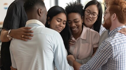 A diverse group of coworkers embracing in a supportive group hug, conveying unity and emotional support. The scene depicts a warm and caring work environment with colleagues supporting each other.
