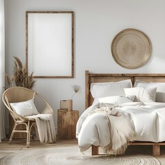 Bohemian Bedroom Interior with Rattan Chair and Wooden Bed