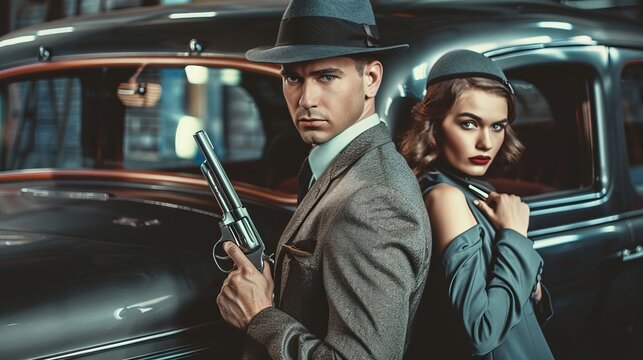 An elegant gangster couple posing near a vintage car. The scene has a classic, noir atmosphere.