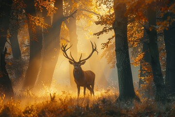A majestic red deer stag standing in a misty European forest at dawn, with light filtering through the trees.