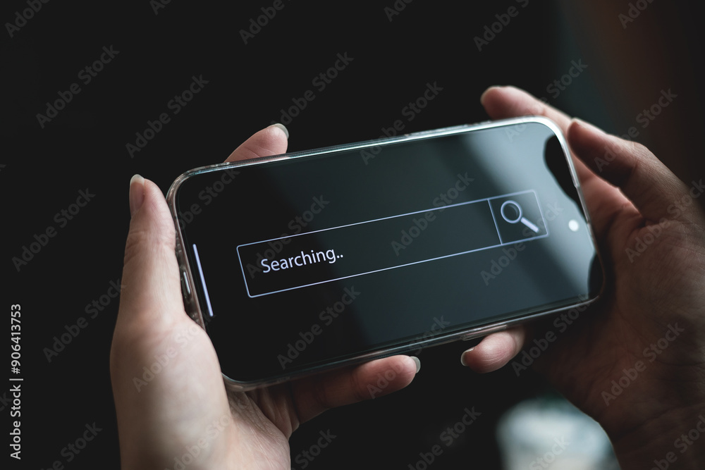 Wall mural businessman hand typing on smartphone with bar tool to search for information using for your website