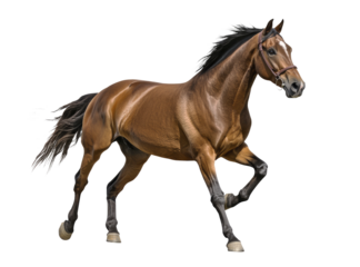 A majestic brown horse captured in motion, running against a clean white background. Its muscles and coat gleam vividly, highlighting its strength.