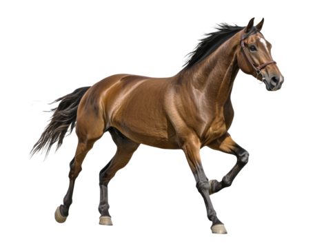 A majestic brown horse captured in motion, running against a clean white background. Its muscles and coat gleam vividly, highlighting its strength.
