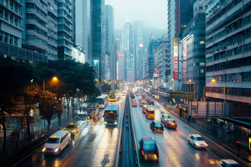 A busy urban street scene featuring skyscrapers, vehicles, and people, capturing the essence of modern city life and bustling metropolitan atmosphere.