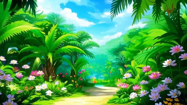 Beautiful Tropical Forest Nature Scenery in watercolor or anime style. Fantasy Paradise Illustration. Seamless looping video animation virtual background.
