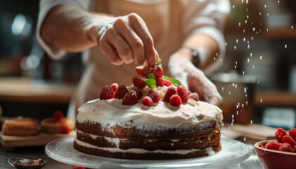 baker decorating a cake