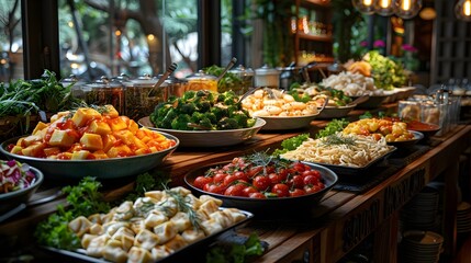 Obraz premium A table full of food with a variety of dishes including salads, fruits