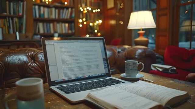 A laptop with a research paper open rests on a wooden table next to a book, a pen, and a mug.