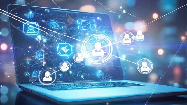 A laptop screen shows a network of icons and a blue arrow. Concept of technology and connectivity, as well as the importance of staying connected in today's world. Scene is futuristic and innovative