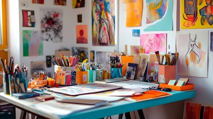 Fototapeta premium Creative Workspace: A vibrant desk covered in art supplies, sketches, and colorful decorations. The use of bright colors and textures showcases a lively environment that stimulates creativity.