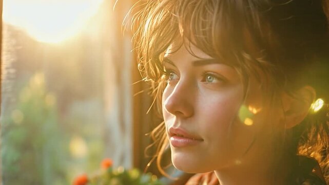 A dejected young woman sitting by the window at home
