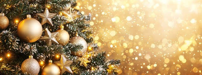 Fototapeta premium Beautiful Christmas tree decorated with golden and silver ornaments, sparkling lights, and festive bokeh. Generative ai