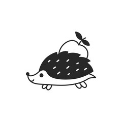 Hedgehog with Apple Doodle Illustration. Cute forest animal carry food. Isolated  vector art in sketch style