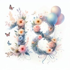 Whimsical floral arrangement celebrating an 18th birthday with pastel balloons.