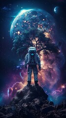 Astronaut standing on a rocky cliff is observing a large, luminous planet with a tree growing on its surface. The astronaut is exploring the wonders and mysteries of an unknown galaxy. Scifi astronomy