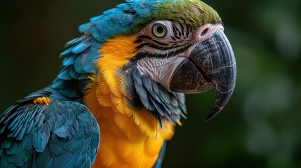Fototapeta premium Closeup of a Blue and Gold Macaw's Head with Vibrant Feathers