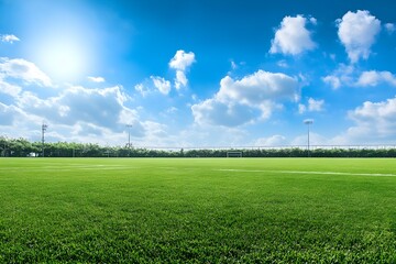Green football field under blue sky background